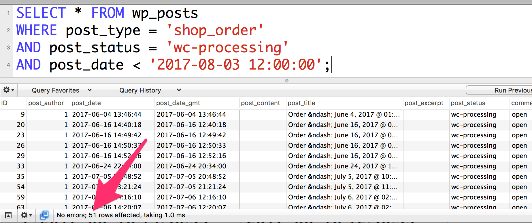 same query as the explain in the slide above with the first three parts in where clause. Shows that there are 51 returned rows.