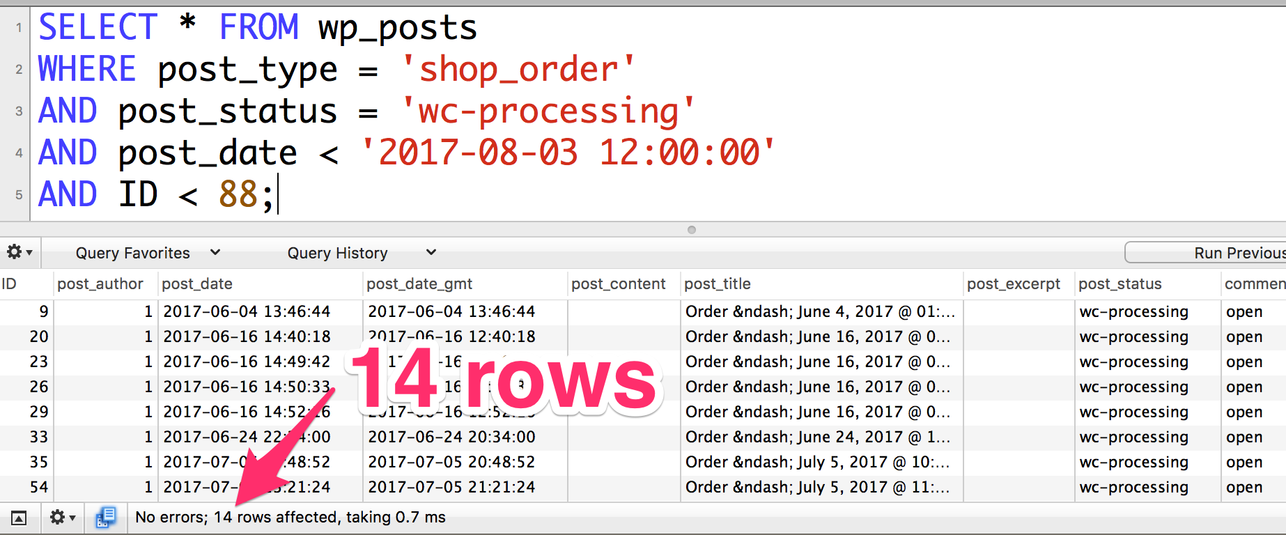 query run using all 4 parts of the compound query, including ID being a range comparison. Here there are only 14 rows, even though the explain said there are 69