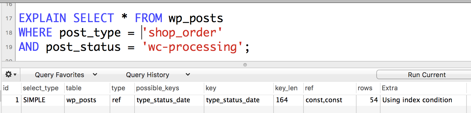 explain query using post type and post status in where clause. Shows compound index being used because these two are the leftmost prefix of the compound index