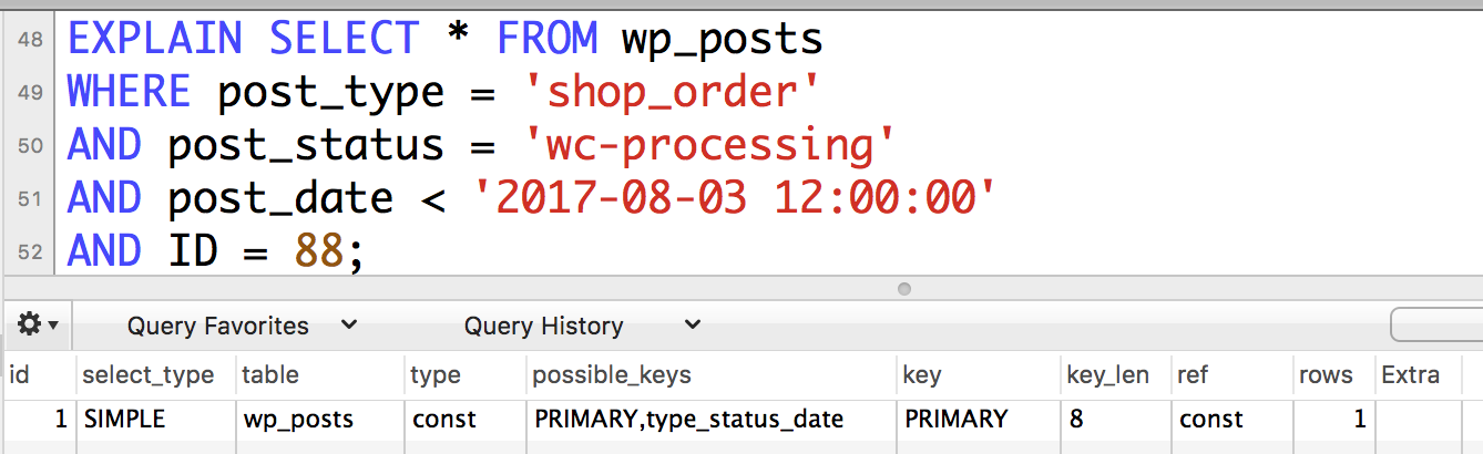 explain query using all parts of the compound index, including the ID. Since the ID is also a primary index, this shows that the query is using the primary index. Because it's an equivalence, there's only 1 row returned.