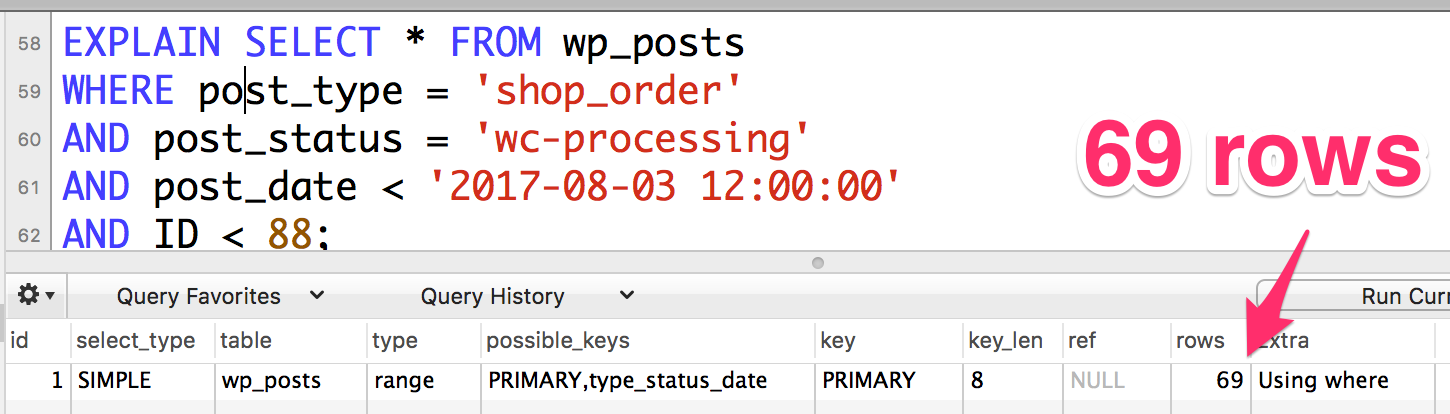 explain query using all parts of the compound query with the ID being a range comparison (less than). Because ID is also a primary key, it shows that the primary key is used for the query, and will return 69 results.