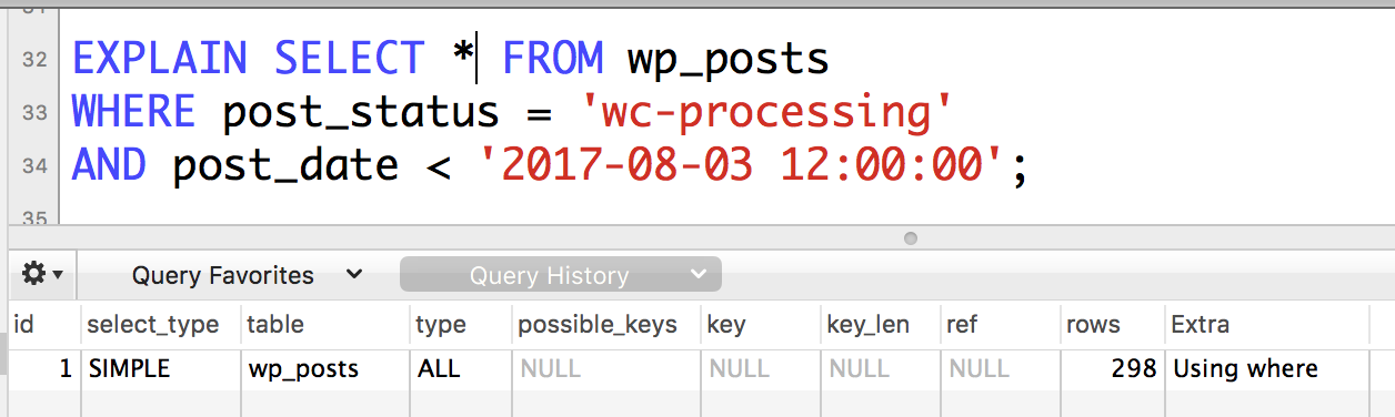 explain query using post status and post date. Shows not using index because it's parts 2 and 3