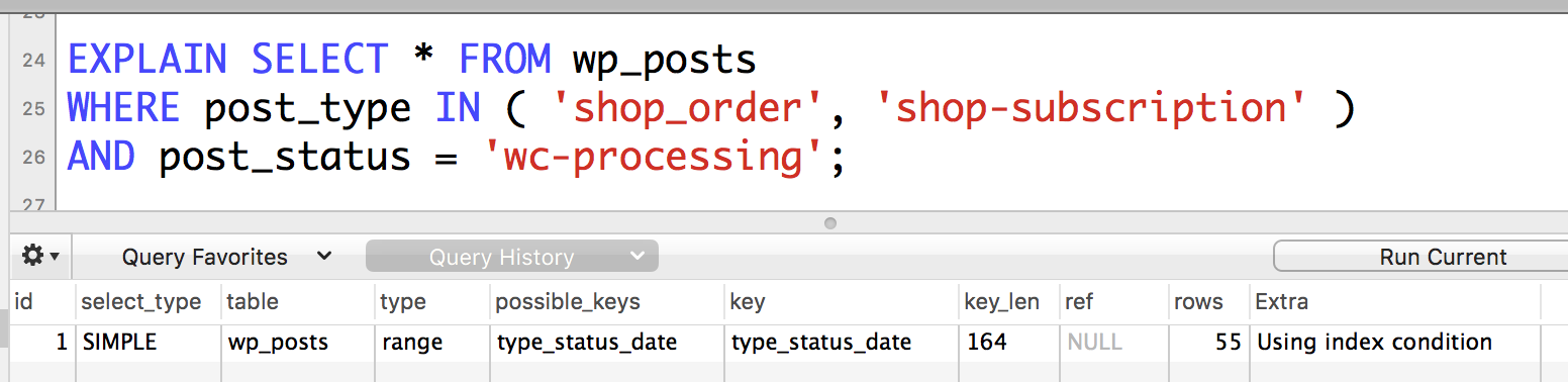 explain query using post types and post status in where clause. Shows compound index being used because these two are the leftmost prefix of the compound index even when post type can be a number of different declared values