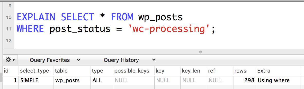 explain query using post status in where clause which is the second part of the compound query. Shows that no indexes are used