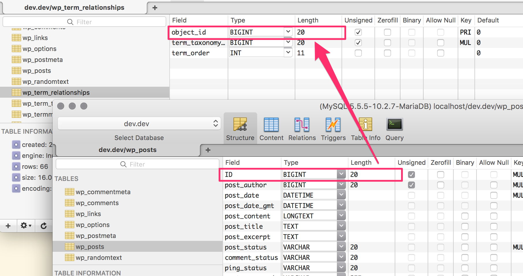 term_relationships and posts table structure screencap with object_id in term_relationships and ID in posts table highlighted to show they're of same type and length