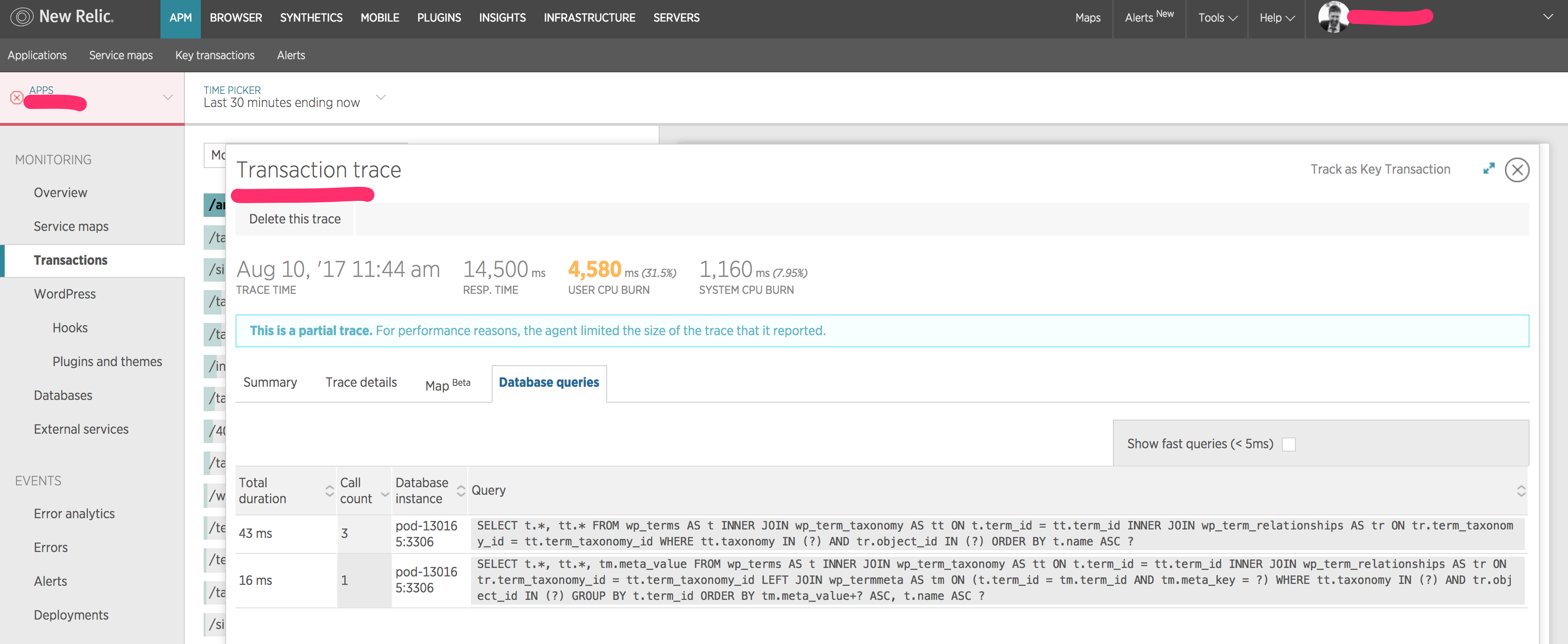 sql trace in new relic