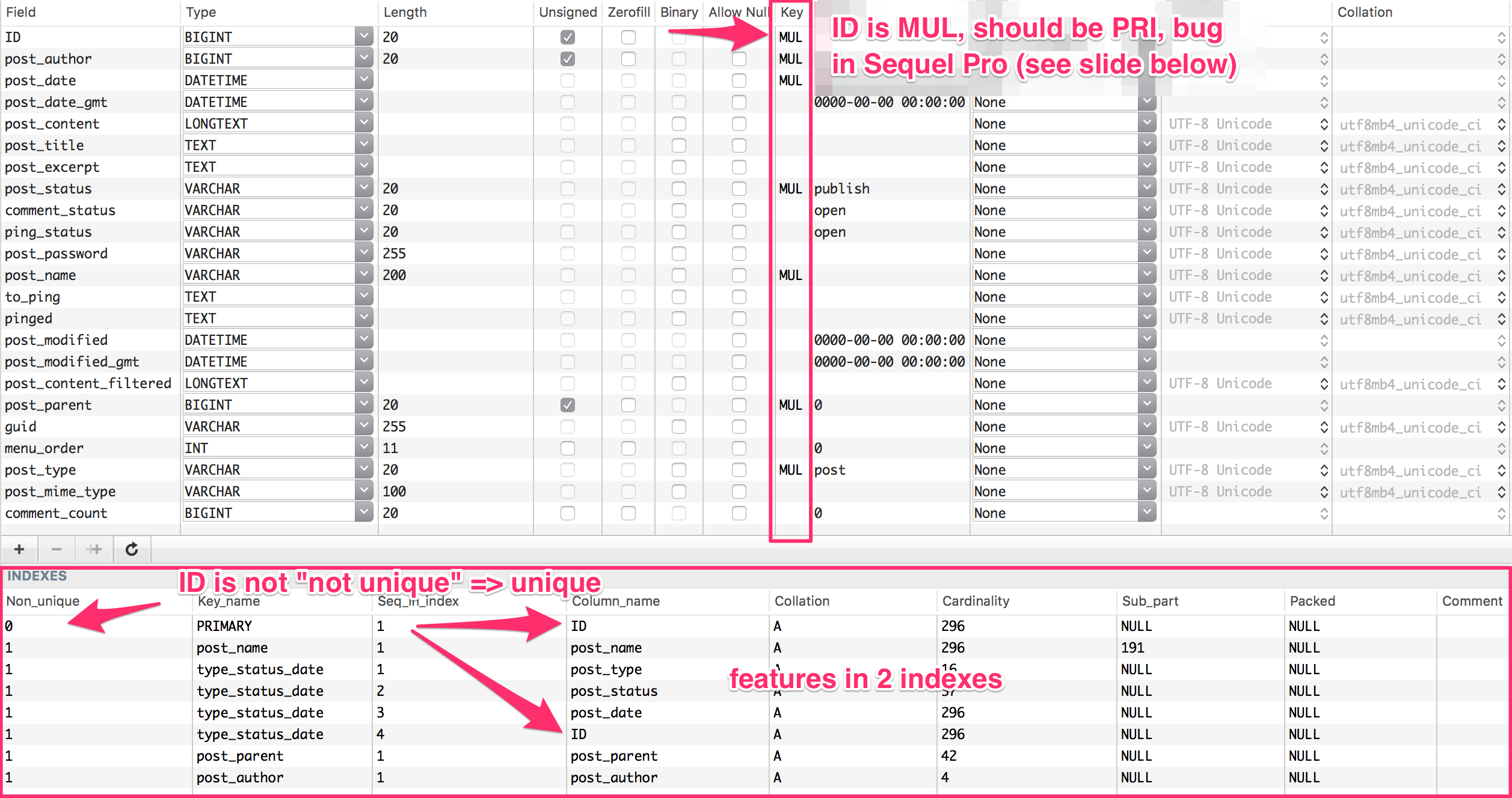 posts table structure in sequel pro, unique key field highlighted